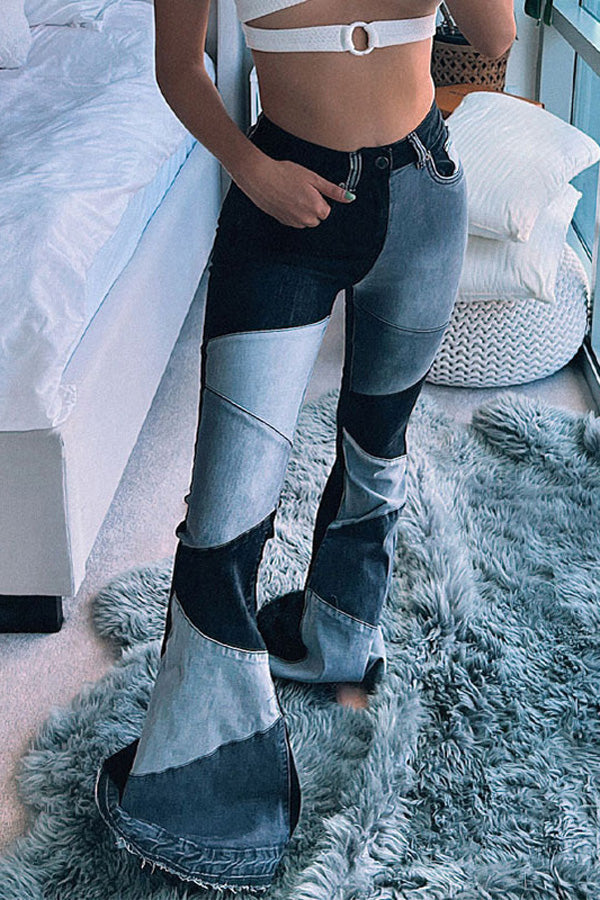 Fashion Denim Wide Leg Panelled Jeans