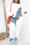 Fashion Casual Sweater Patchwork Denim Hooded Suit