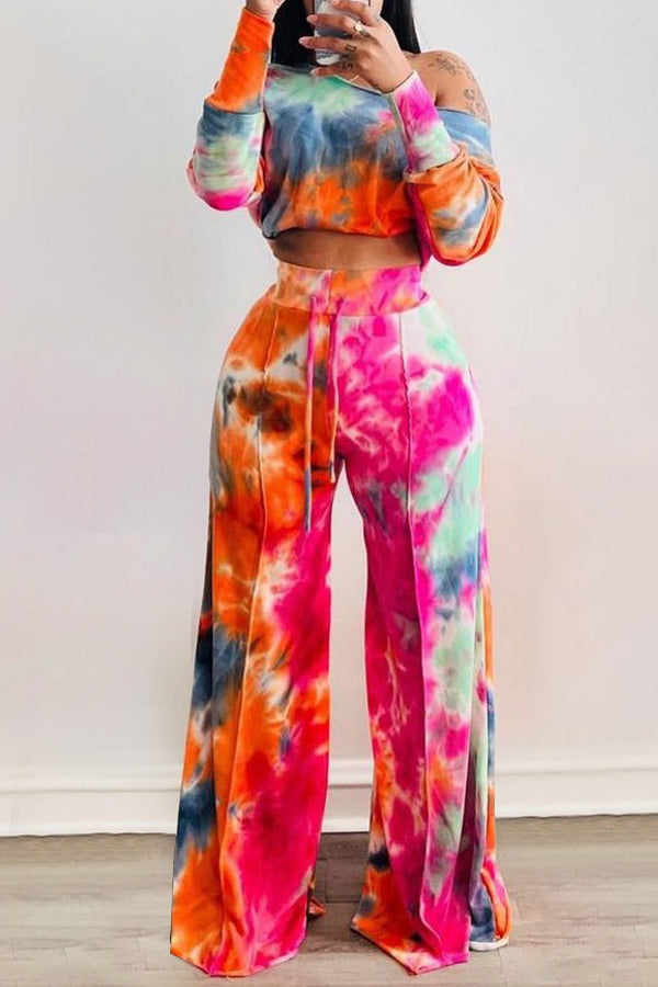  Fashion Print Off Shoulder Flared Pants Sexy Two Piece Suit