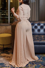 New Long Sleeve Casual Loose Pleated Wide Leg Jumpsuit