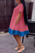 Fashion Short Sleeve Round Neck Colorblock Loose Dress