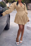 Sexy V Neck Puff Sleeves Pleated Back Zipper Dress