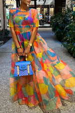 Fashion Fruit Print Mosaic Swing Long Dress