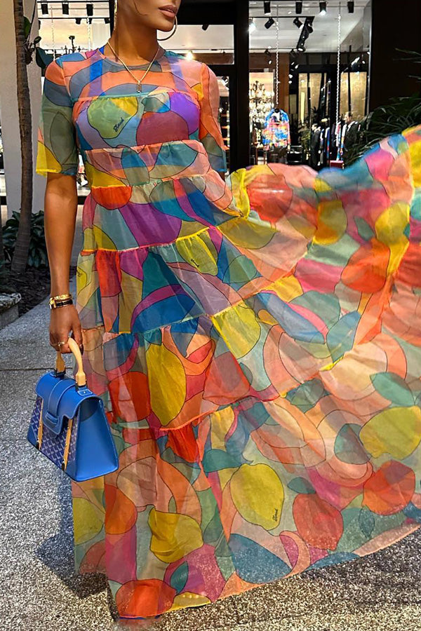 Fashion Fruit Print Mosaic Swing Long Dress