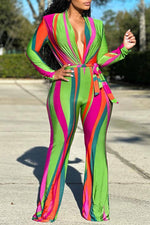 Fashion Trend Colorful Printed V-neck Slim Long-sleeved Jumpsuit