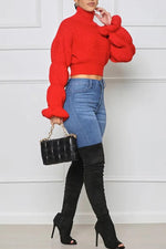 Fashion Puff Sleeve Loose Slim Solid Color Long Sleeve Sweater