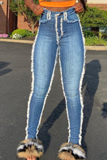  Fashion Brushed Denim Jeans with Raw Edges