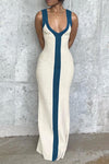 Sexy V-neck Wide Shoulder Straps Contrasting Color Slim Holiday Dress
