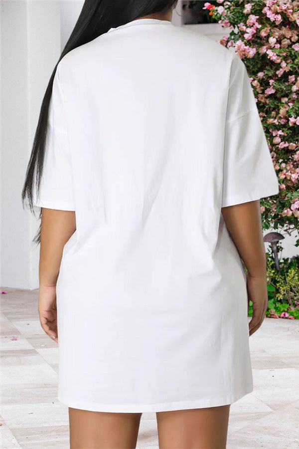 Fashion Casual Loose Printed Drawstring Short Sleeve T-Shirt Dress