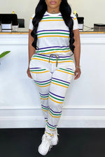 Fashion Stripe Positioning Print Round Neck Short Sleeve Trousers Set