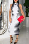Fashion Slim High Neck Printed Stripe Sleeveless Hip Dress