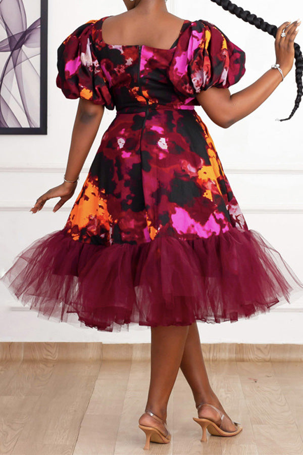 Fashion Princess Sleeve Hollow High Waist Swirling Printed Gauze Dress