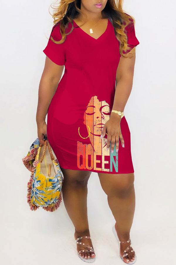  Fashionable V-Neck Character Print QUEEN Dress