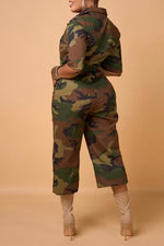  Fashion Camouflage Print Pocket Lapel Jumpsuit