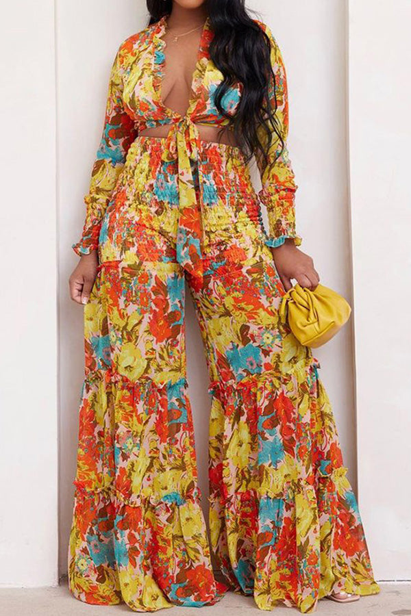  Fashion Casual Color Contrasting Chest Ties Open Breast Trousers Two-Piece Set