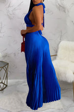 Fashion Halter Neck Backless Faux Silk Pleated Wide-Leg Pants Two-Piece Set