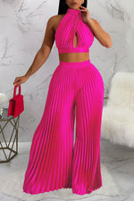 Fashion Halter Neck Backless Faux Silk Pleated Wide-Leg Pants Two-Piece Set
