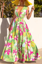 Fashionable V-neck Printed Lace-Up Long Swing Dress