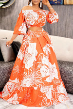 Fashion Holiday Style One-Shoulder Printed Skirt Suit