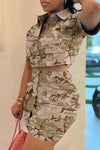  Fashion Casual Button Workwear Double Pocket Camouflage Skirt Set