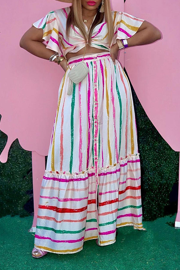  Fashion Color Stripe Print Short Top Long Skirt Set