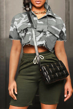 Casual Fashion Camouflage Print Large Pocket Lapel Short Sleeve Jacket