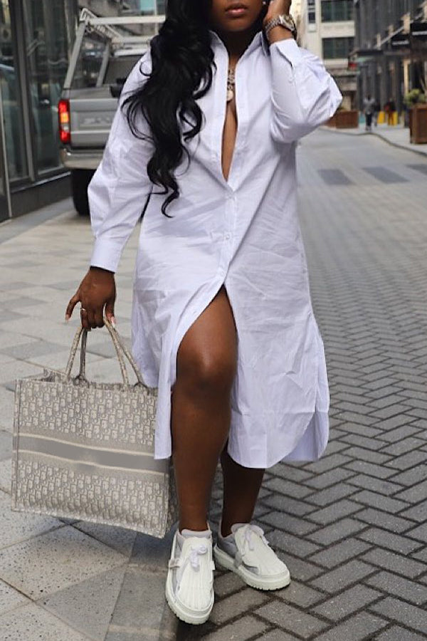  Fashion Casual Simple Solid Color Mid-Length Shirt Dress