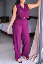 Fashion Solid Color Polo Collar Vest Set Casual High Waist Straight Trousers Two-piece Set