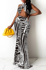 Fashion Printed Wrapped Chest Open Back Mermaid Skirt Set