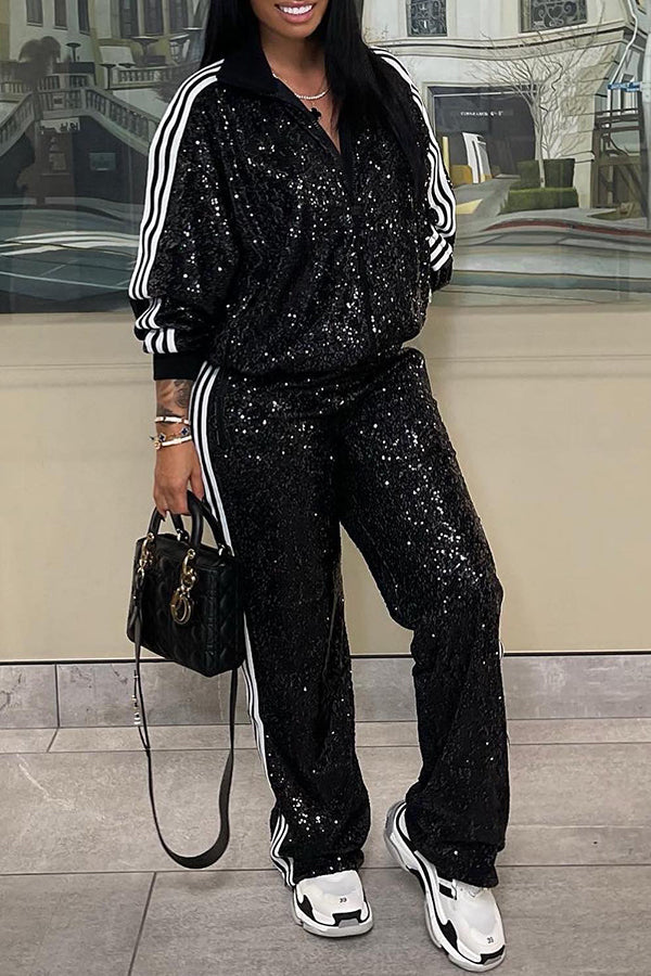 Fashion Casual Sequin Patchwork Track Pants Set
