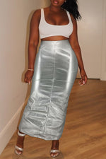  Fashionable Solid Color Leather Slit Slim Fit Hip-Hugging Skirt