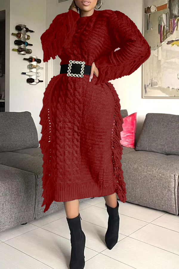  Fashion Fringed Sweater Long Dress