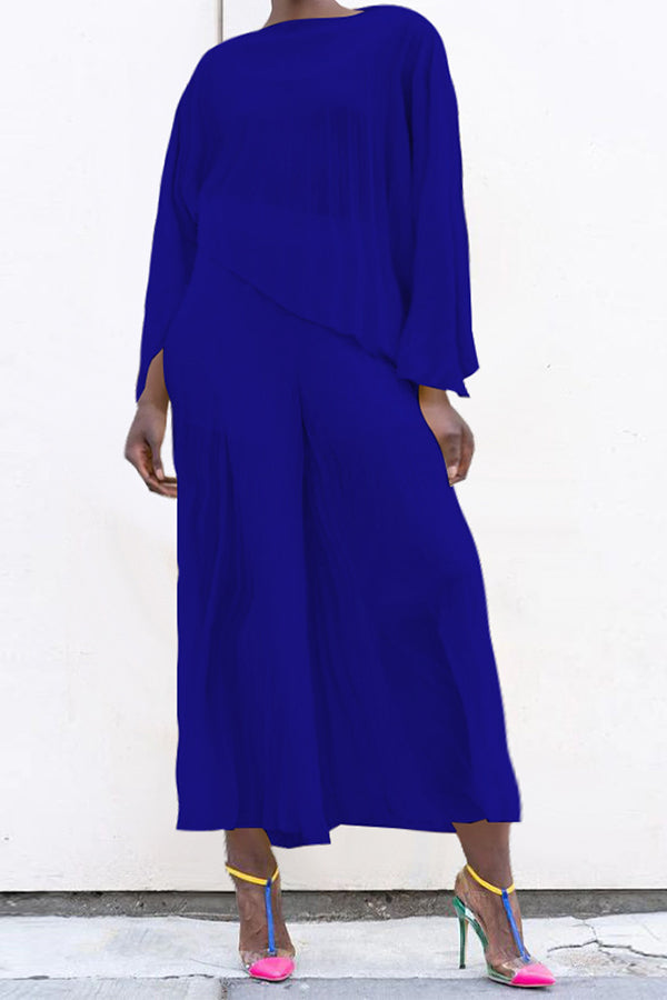 Fashion Chiffon Pleated Solid Color Trousers Suit