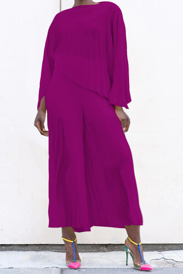 Fashion Chiffon Pleated Solid Color Trousers Suit