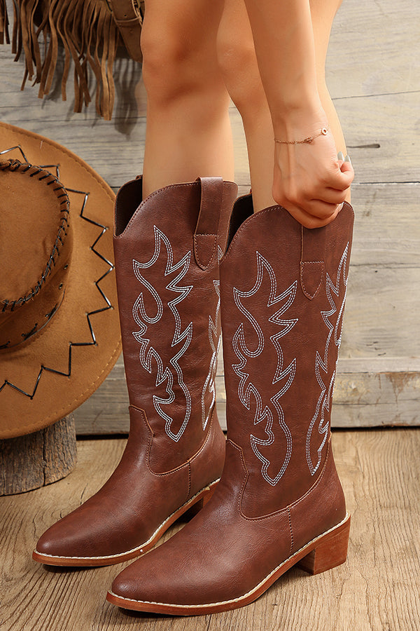  Retro Mid-Heeled Pointed Toe Western Cowboy Boots