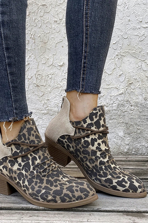  Retro Pointed Toe Square Heel Leopard Print Fashion Short Boots