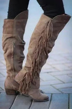  Retro Thick Heel Large Size Long Tube Tassel Boots