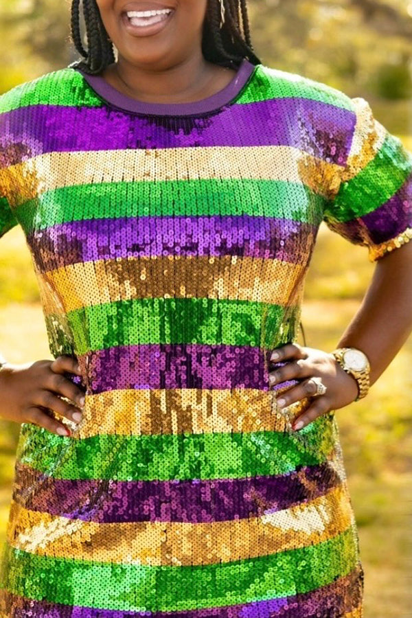 Stylish Sequined Half-sleeve Striped Dress