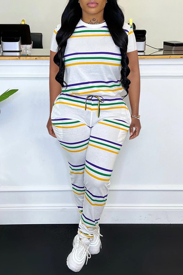 Striped Printed Round Neck Short-sleeved Trousers Suit