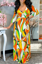 V-neck 3/4 Length Sleeve Geometric Print Dress