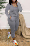 Casual Solid Long Sleeve Drawstring Pocket Jumpsuit