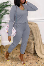 Casual Solid Long Sleeve Drawstring Pocket Jumpsuit