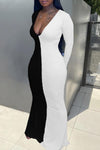 V-neck Long Sleeve Colorblock Plus Size Maxi Dress