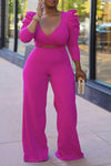 Solid V-neck Puff Sleeve Two-piece Pants Suit