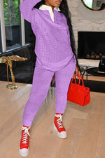 Polo Neck Long Sleeve Sporty Two-piece Pants Suit
