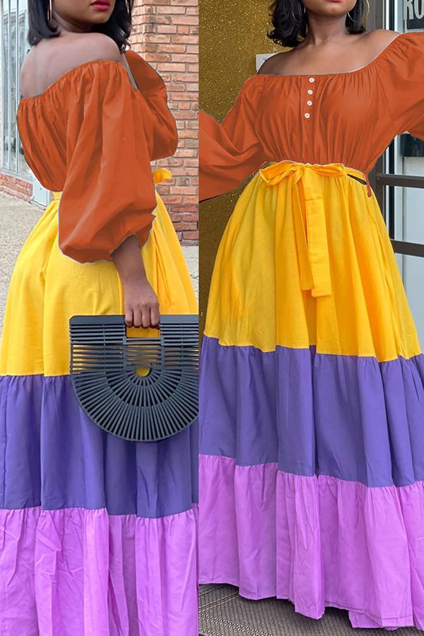 Off Shoulder Colorblock Stitching Tiered Plus Size Maxi Dress