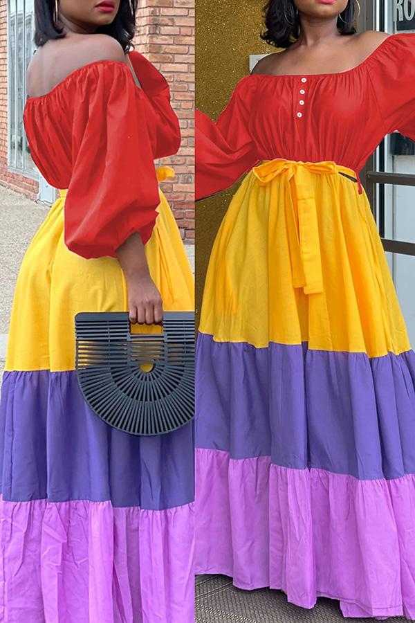 Off Shoulder Colorblock Stitching Tiered Plus Size Maxi Dress