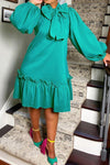 Solid Tie-Bow Long Sleeve Ruffled Plus Size Dress