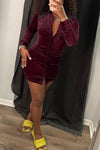 Sexy V-neck Velour Long Sleeve Ruched Dress