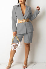 Urban Solid Lapel Blazer Top & Shorts Suit